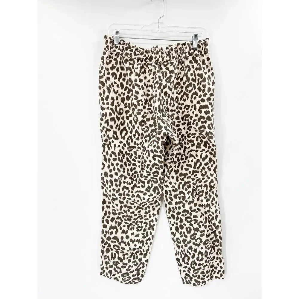 J. Crew Linen Blend Leopard Animal‎ Print Ruffled Paperbag Waist Crop Pants Sz 8